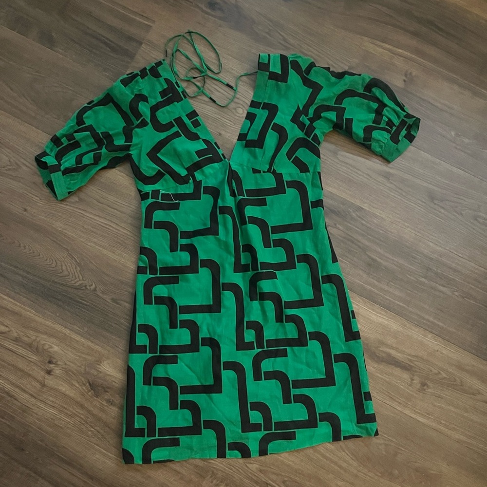 Vintage Green and Black A-line Geometric Dress Cotton size 8 medium